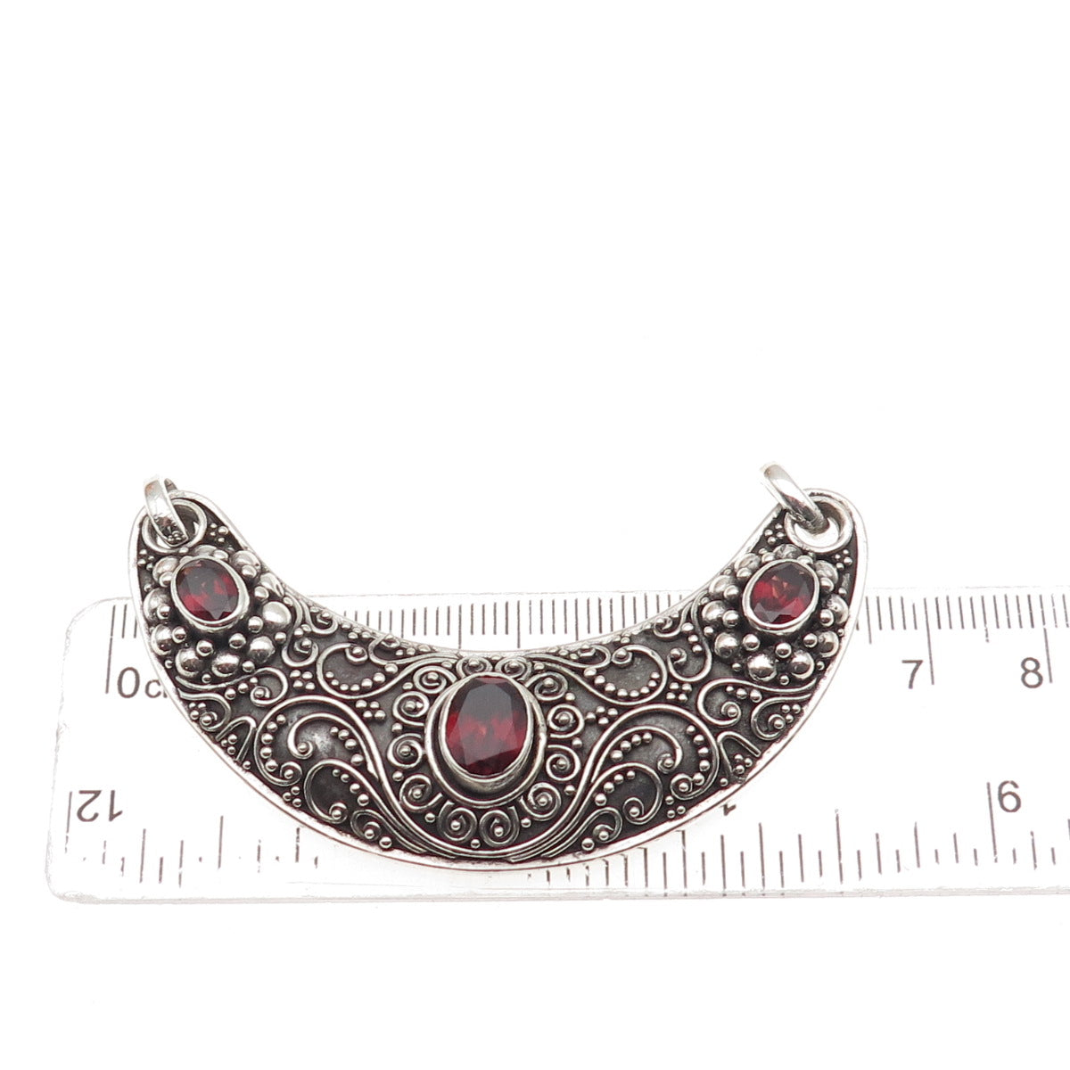 SUARTI BALI 925 Sterling Vintage Real Red Garnet Crescent Centerpiece Pendant