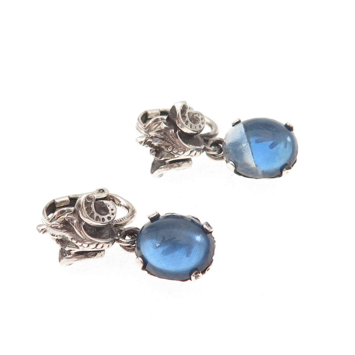 Cini 925 Sterling Silver Antique Art Deco Blue Glass Floral Clip On Earrings