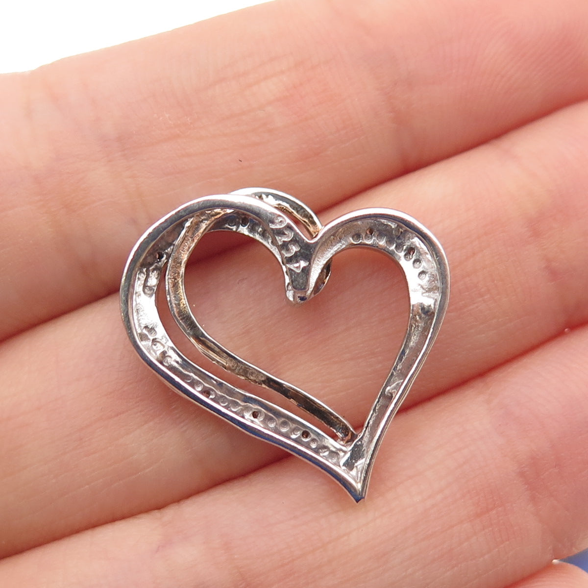 925 Sterling Silver Real Round-Cut Diamond Double Heart Slide Charm Pendant