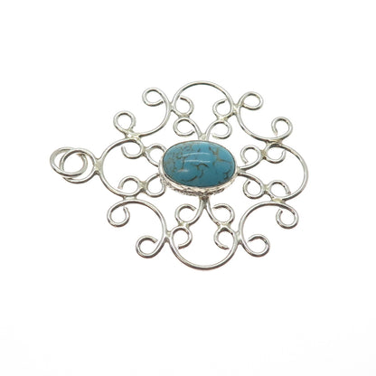 925 Sterling Silver Vintage Faux Turquoise Ornate Swirl Pendant