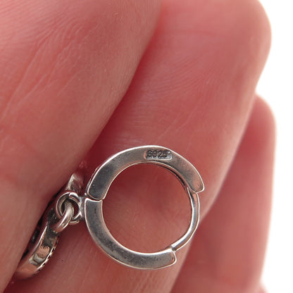 925 Sterling Silver Vintage Round-Cut C Z Heart Dangle Charm Hoop Earrings