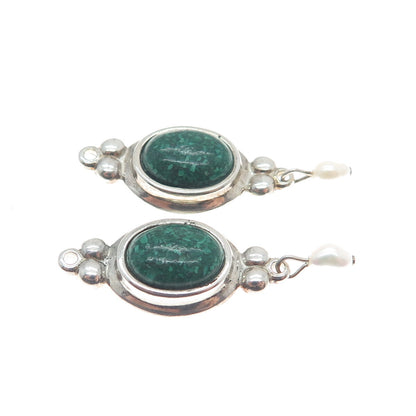 COLEMAN CO. Sterling Silver Vintage Real Malachite Inlay & Pearl Jacket Earrings