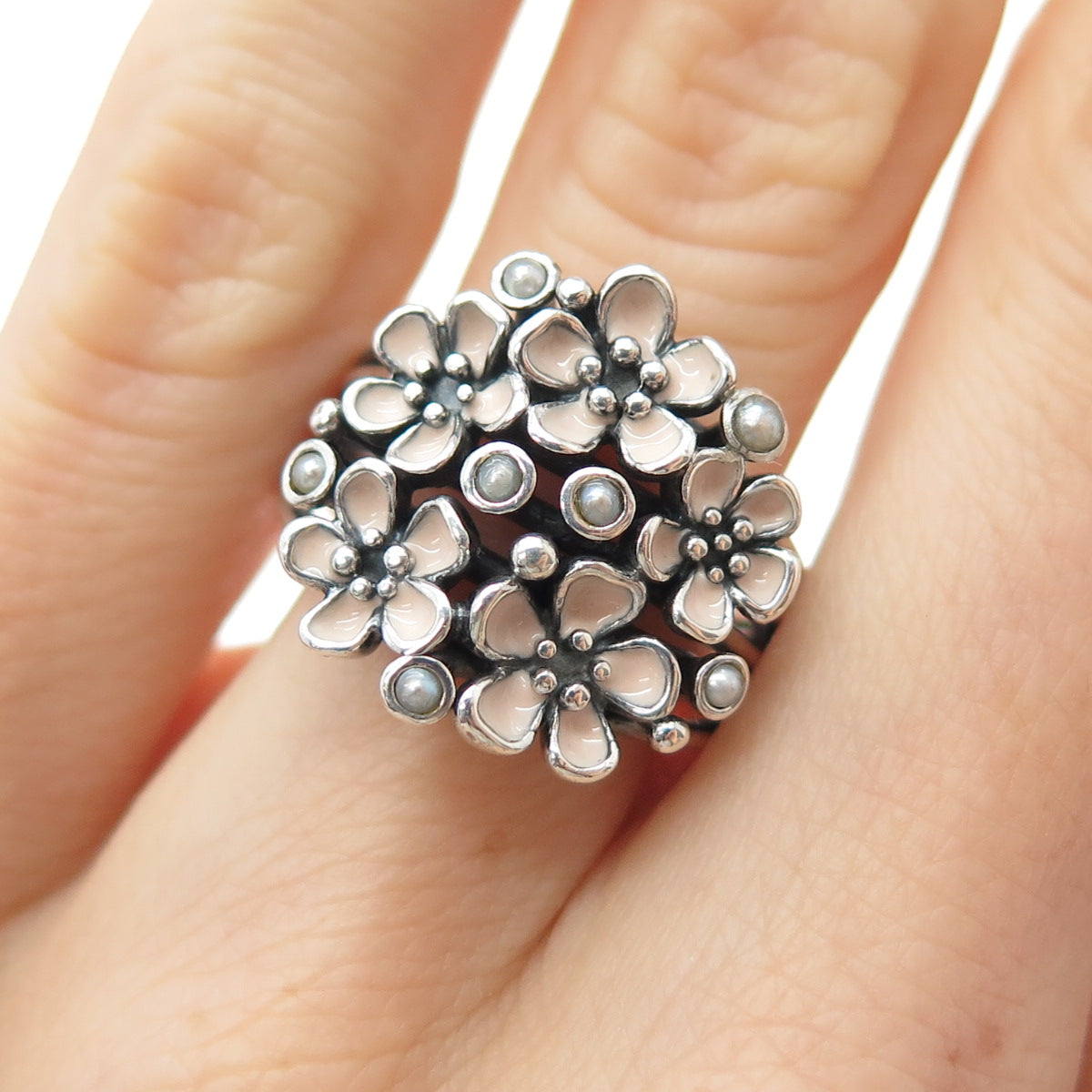 PANDORA 925 Sterling Silver Enamel Real Pearl Cherry Blossom Ring Size 5.5
