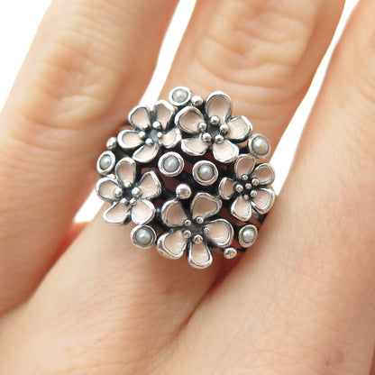 PANDORA 925 Sterling Silver Enamel Real Pearl Cherry Blossom Ring Size 5.5