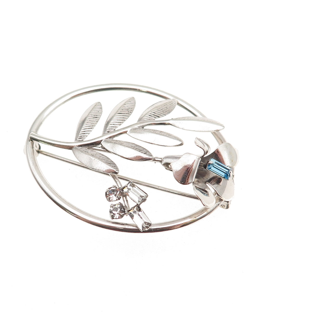 Carl Art 925 Sterling Silver Vintage Blue & White Rhinestone Floral Pin Brooch