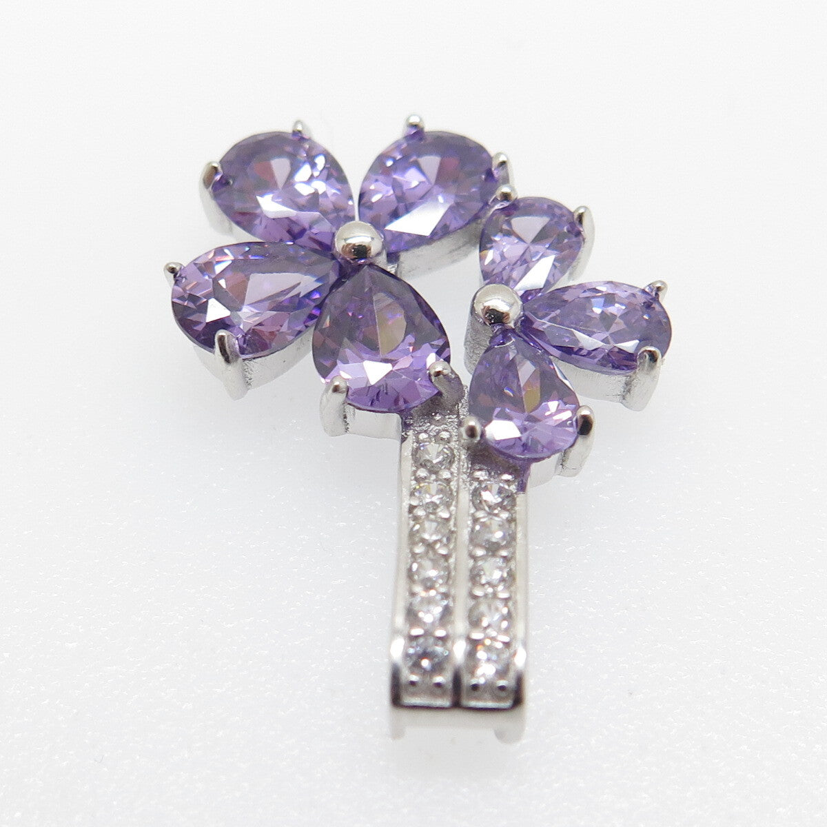 925 Sterling Silver Purple & White C Z Floral Pendant