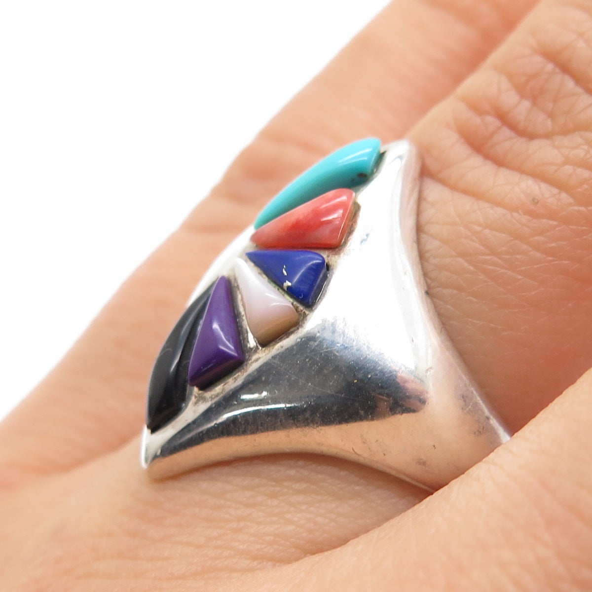 CHIMNEY BUTTE Old Pawn Sterling Turquoise Coral Onyx MOP Sugilite Ring Size 7.25