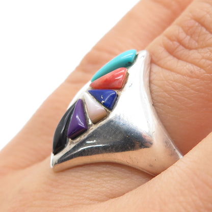 CHIMNEY BUTTE Old Pawn Sterling Turquoise Coral Onyx MOP Sugilite Ring Size 7.25