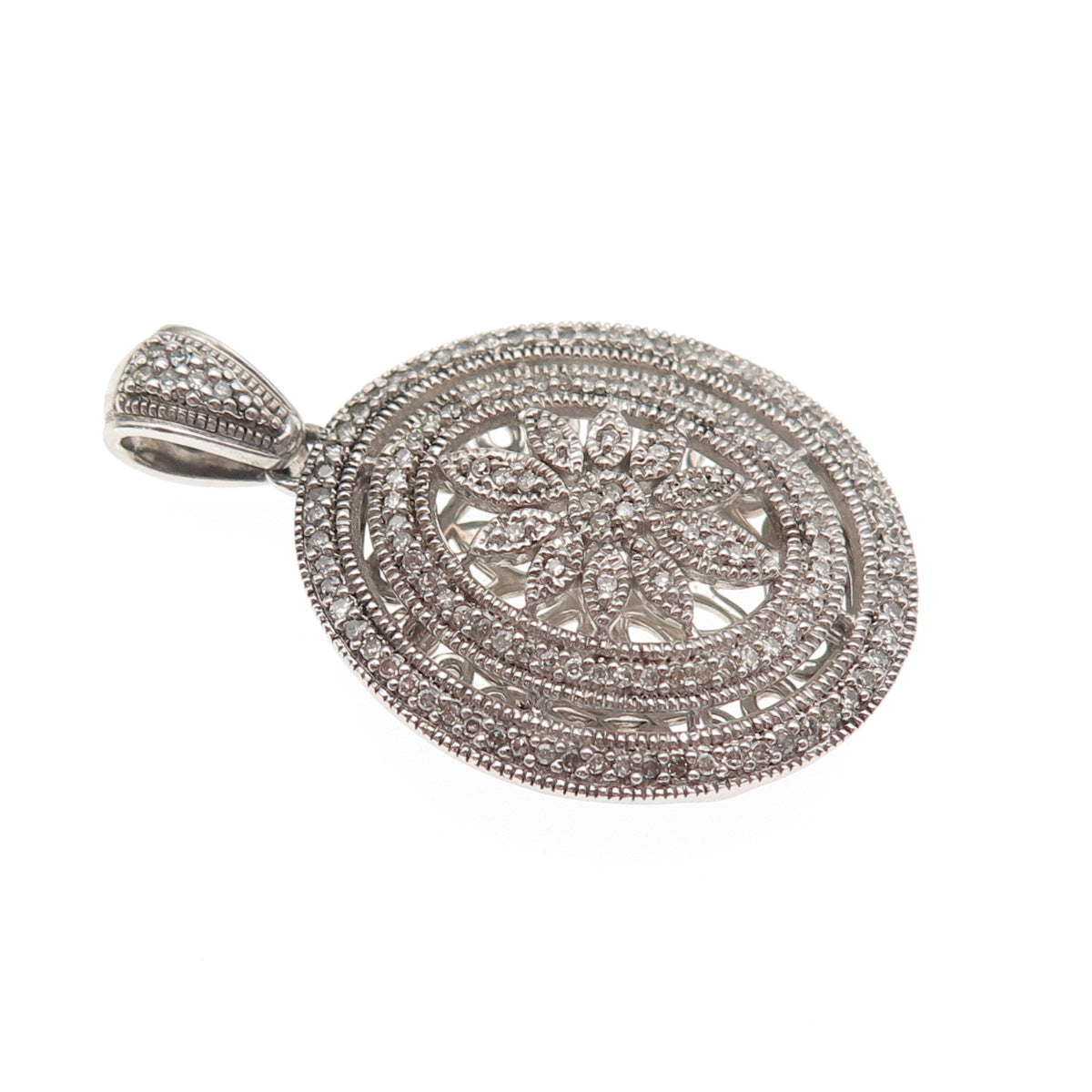 925 Sterling Silver Real Round-Cut Diamond Floral Charm Pendant