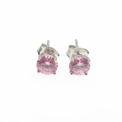 925 Sterling Silver Round-Cut Pink C Z Stud Earrings