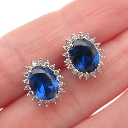 925 Sterling Silver Oval-Cut Blue & Round-Cut White C Z Stud Earrings