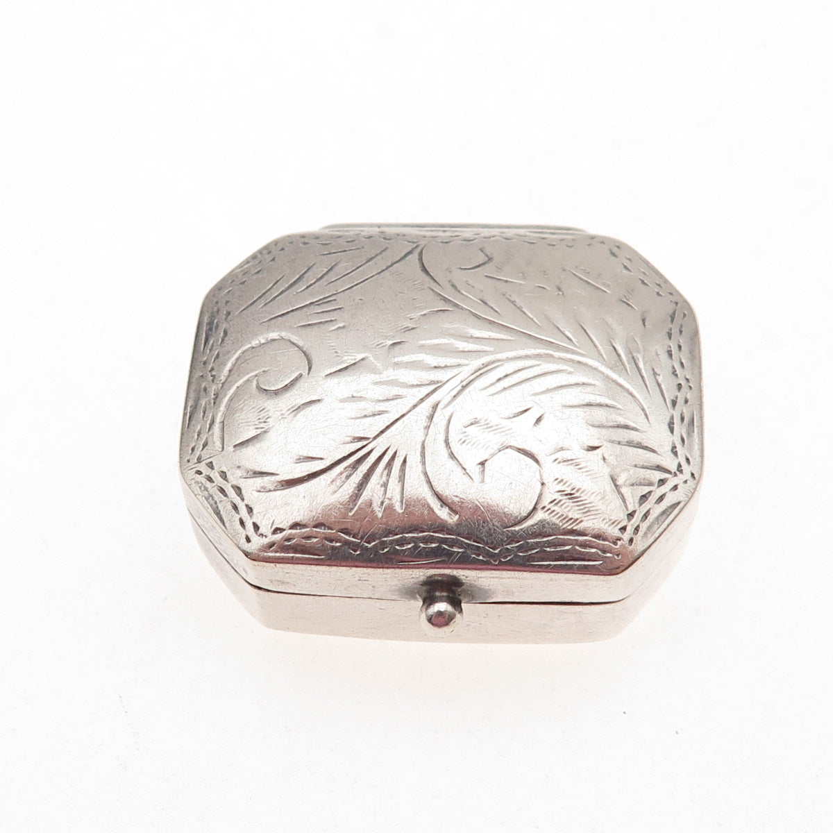 925 Sterling Silver Vintage Engraved Floral Oxidized Pill / Snuff Box
