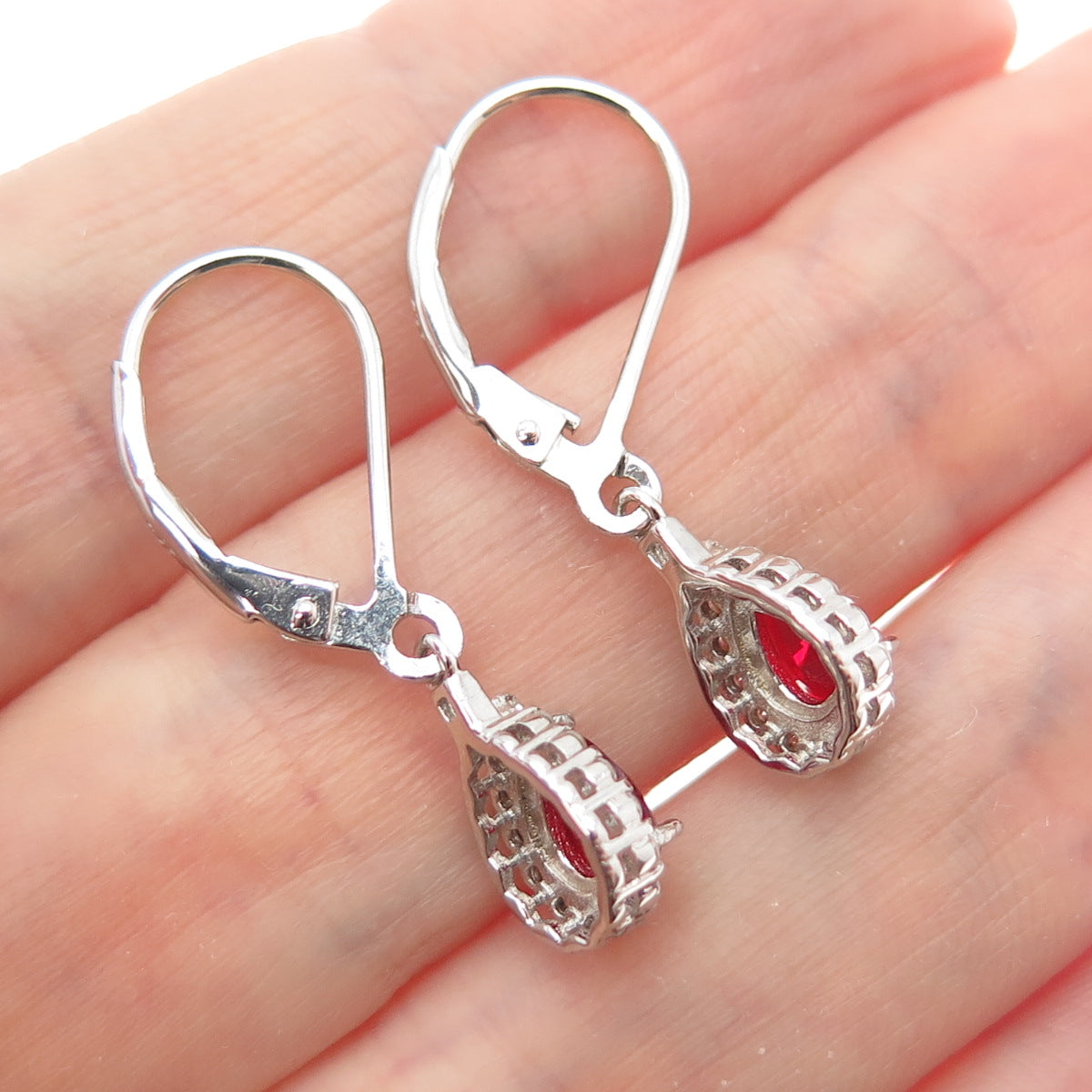 DSMK 925 Sterling Silver Real Red Garnet & C Z Teardrop Dangle Earrings