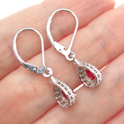 DSMK 925 Sterling Silver Real Red Garnet & C Z Teardrop Dangle Earrings