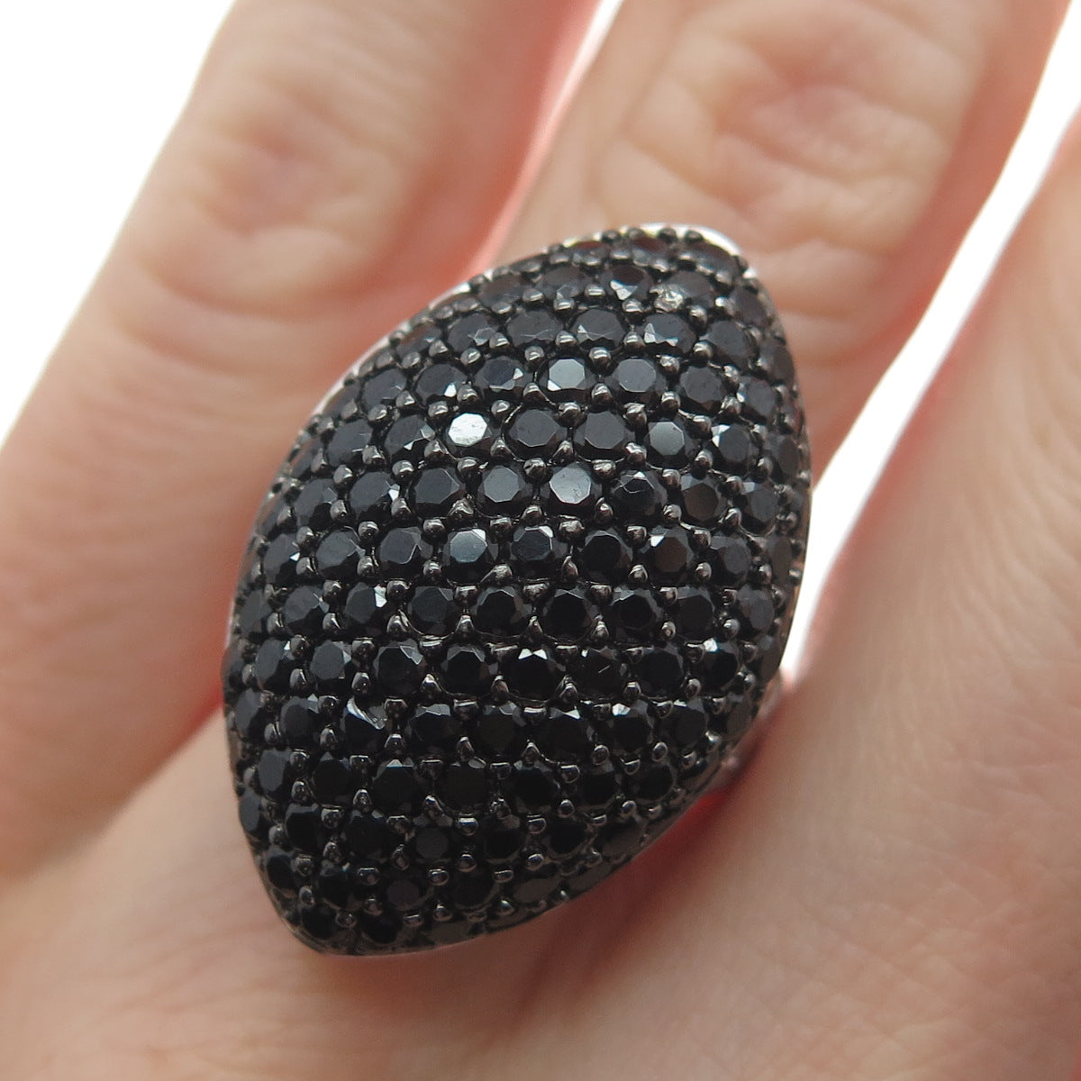 925 Sterling Silver Real Black Spinel Gem Cluster Marquise Dome Ring Size 7