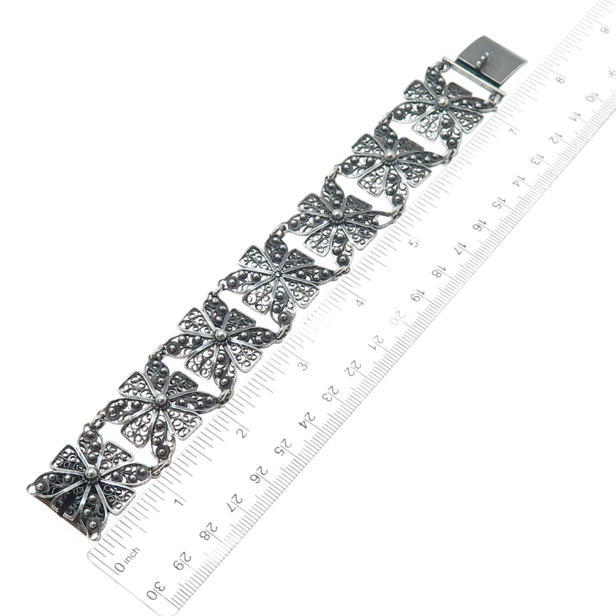 925 Sterling Silver Vintage GHG Artisan Cross Filigree Oxidized Bracelet 7.25"