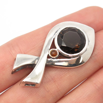 925 Sterling Silver Vintage BOMA Real Smoky Quartz & Citrine Gem Fish Pin Brooch
