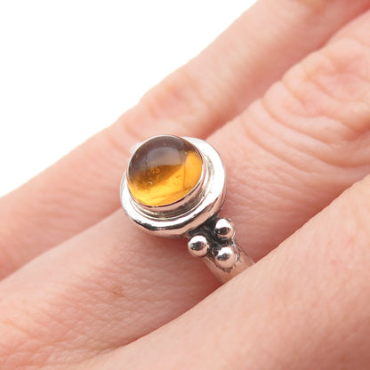 925 Sterling Silver Vintage Real Amber Beaded Oxidized Ring Size 6