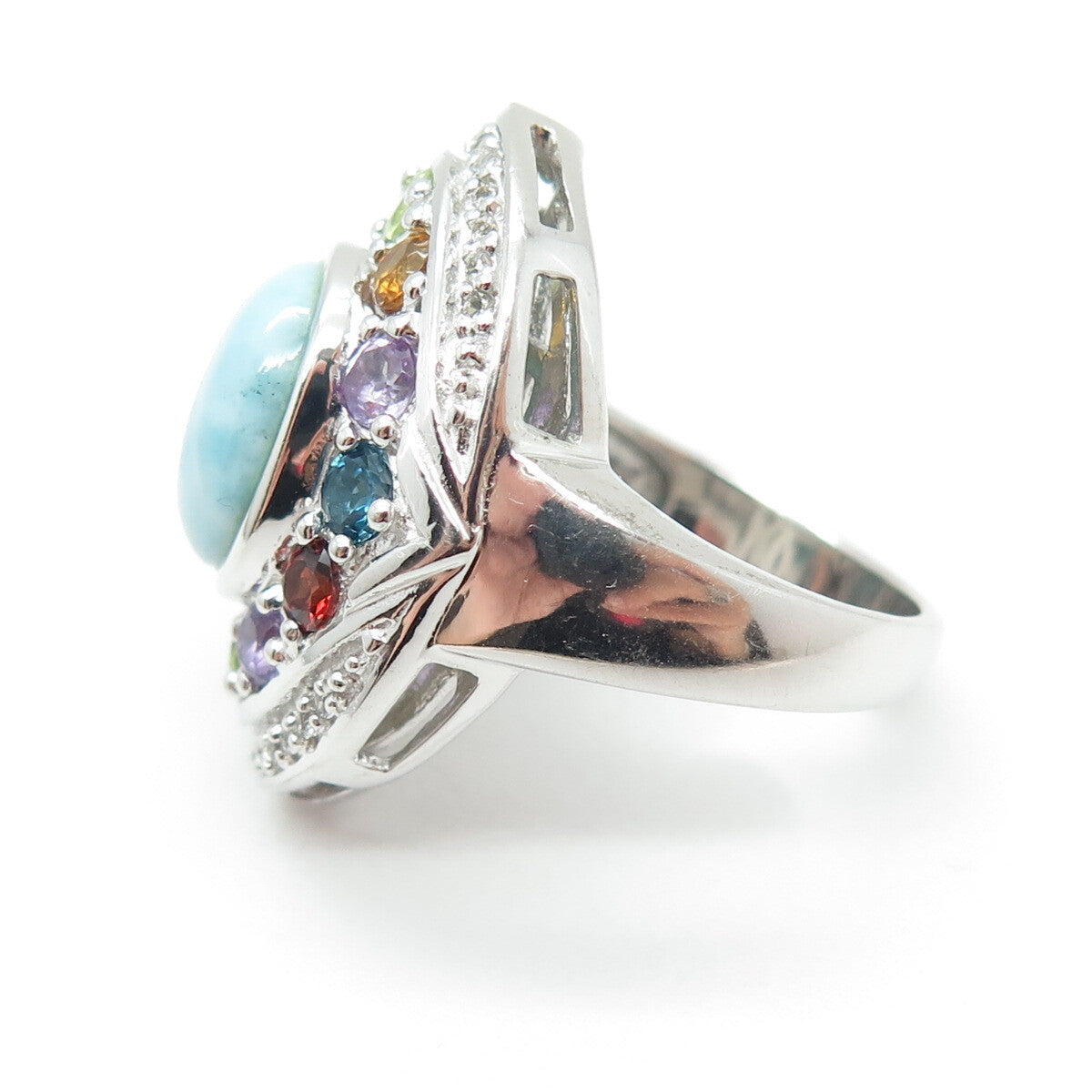 KN Kajal Naina Sterling Larimar Topaz Citrine Amethyst & Peridot Ring Size 5.75