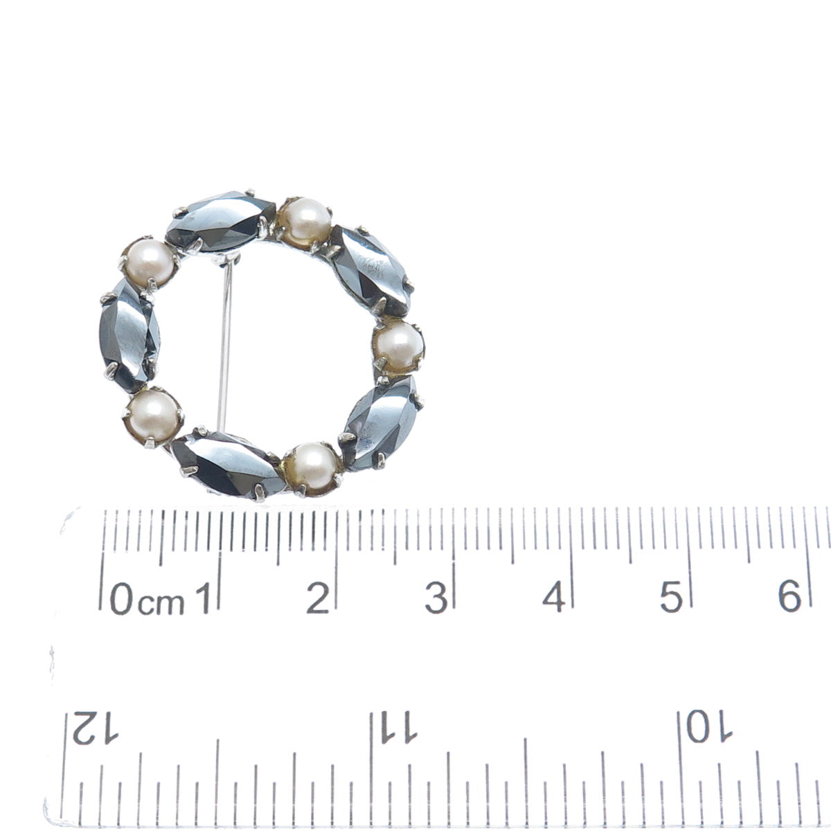 SORRENTO 925 Sterling Silver Vintage Real Hematite & Pearl Circle Pin Brooch