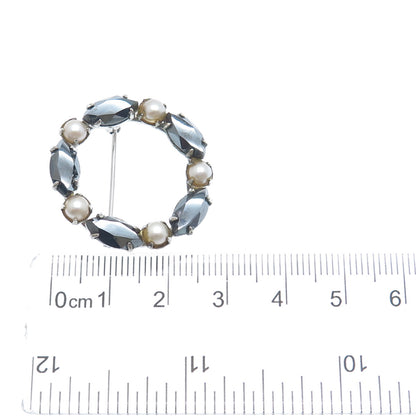 SORRENTO 925 Sterling Silver Vintage Real Hematite & Pearl Circle Pin Brooch