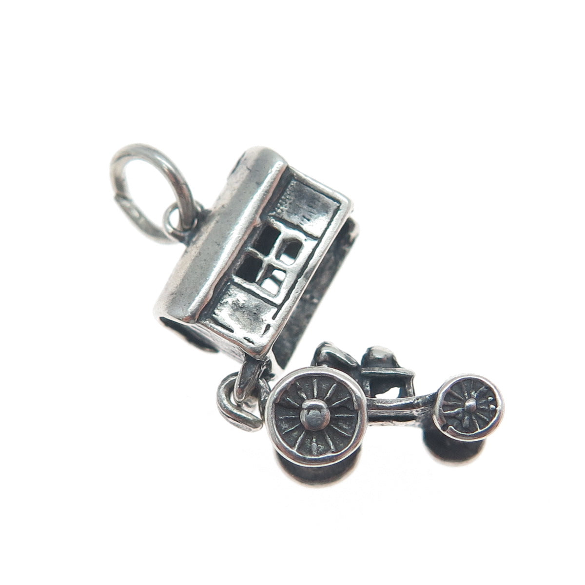 925 Sterling Silver Vintage Travel Wagon Oxidized Minimalist 3D Charm Pendant