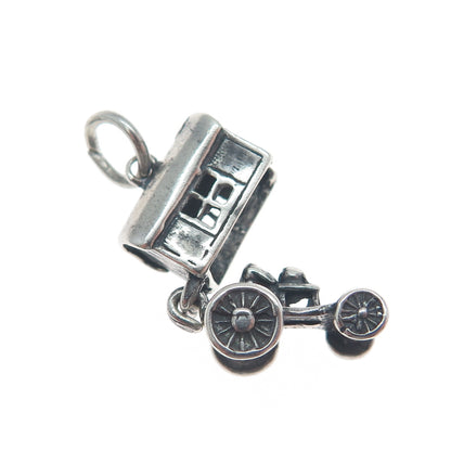 925 Sterling Silver Vintage Travel Wagon Oxidized Minimalist 3D Charm Pendant