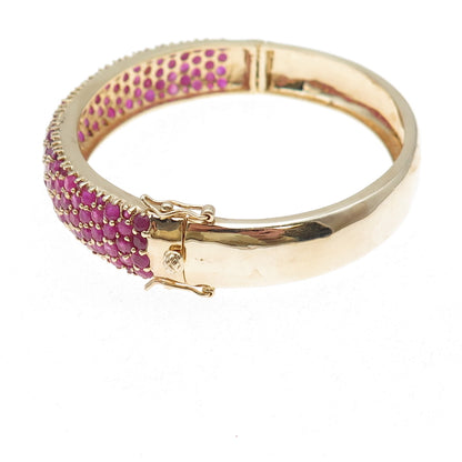 925 Sterling Silver Gold Plated Real Round-Cut Ruby Bangle Bracelet 7.25"