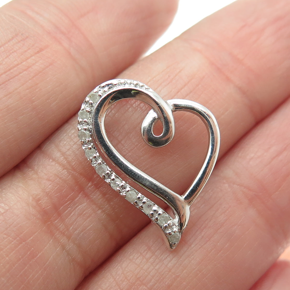 925 Sterling Silver Real Round-Cut Diamond Heart Slide Pendant