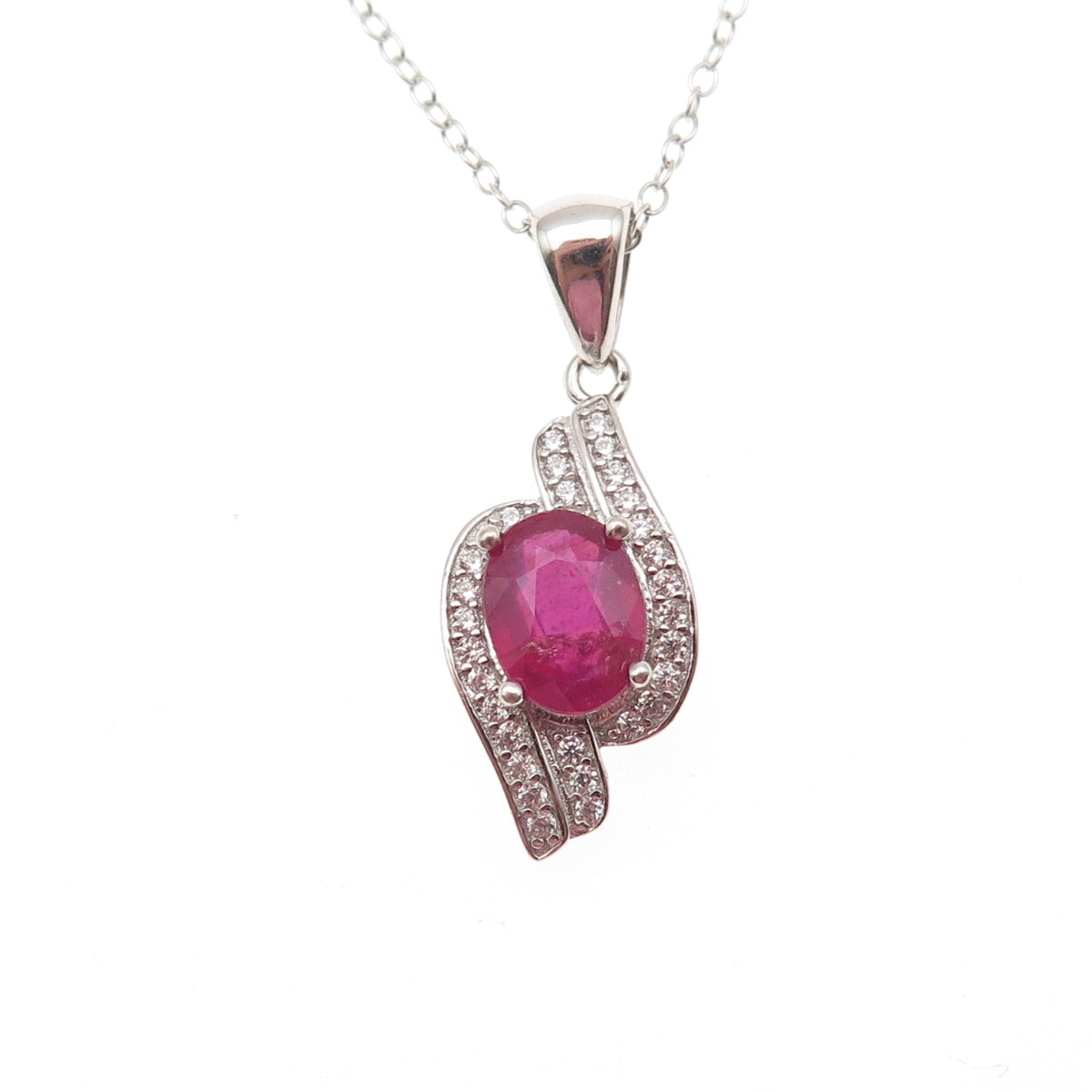 925 Sterling Silver Real Oval-Cut Ruby & Round-Cut C Z Cable Chain Necklace 18"
