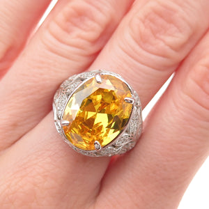 925 Sterling Silver Oval-Cut Canary & Round-Cut White C Z Ring Size 7.25