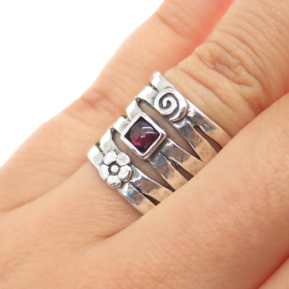 925 Sterling Silver Vintage Tourmaline Spiral & Flower Oxidized Ring Size 7.25