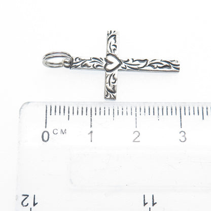 BEAU 925 Sterling Silver Vintage Heart & Feather Cross Oxidized Pendant