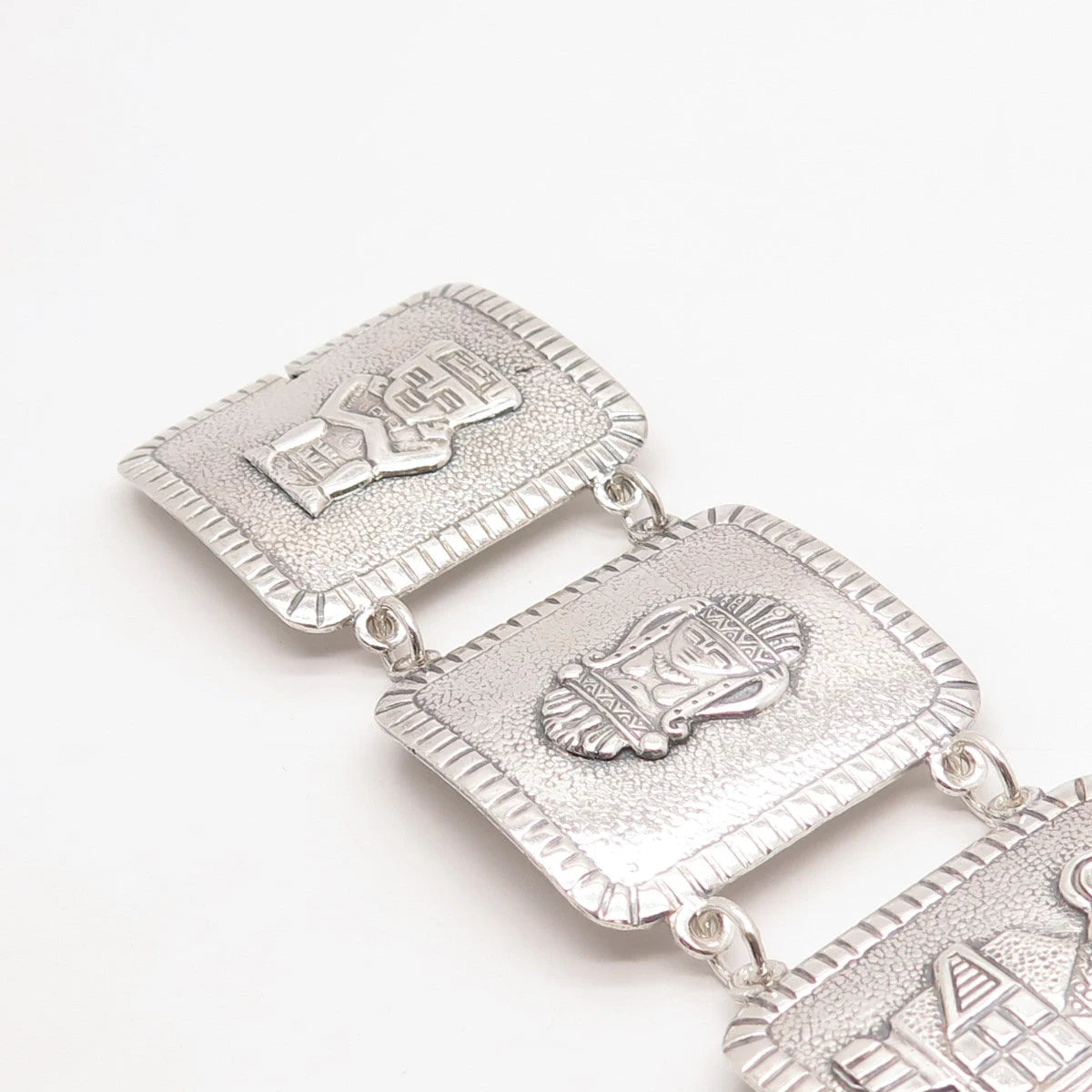 900 Silver Vintage Tribal God Wide Panel Link Bracelet 8"