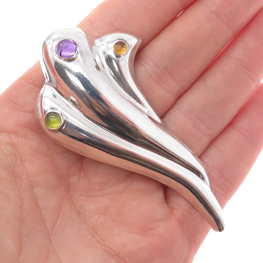 925 Sterling Silver Vintage Real Amethyst Peridot & Citrine Modernist Pin Brooch