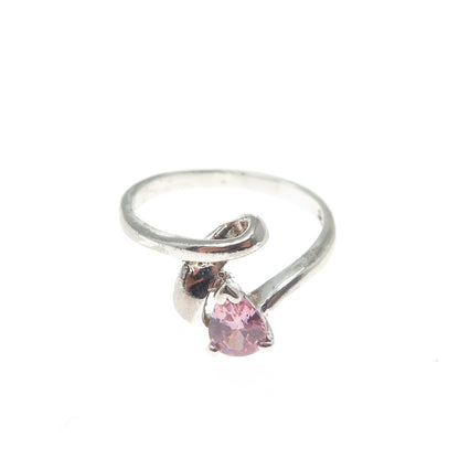 925 Sterling Silver Vintage Real Pear-Cut Pink Topaz Modernist Ring Size 6.75