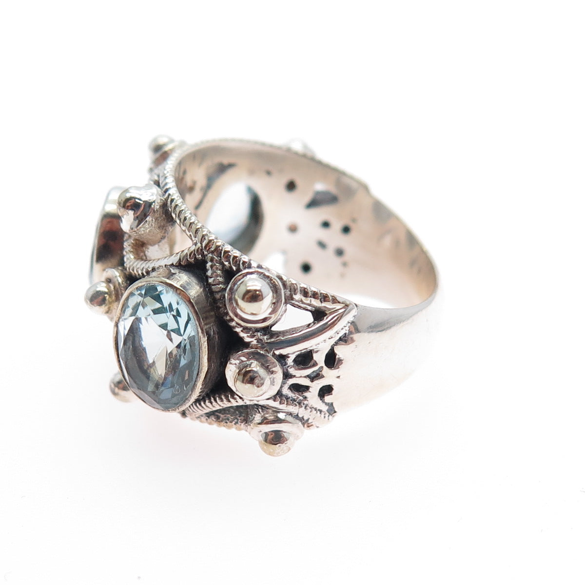 925 Sterling Silver Vintage Real Blue Topaz Modernist Oxidized Ring Size 6.5