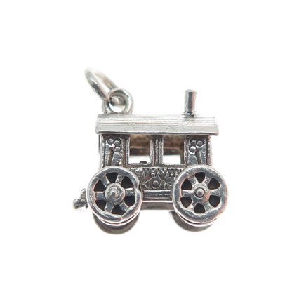 925 Sterling Silver Vintage Carriage Oxidized Minimalist 3D Charm Pendant