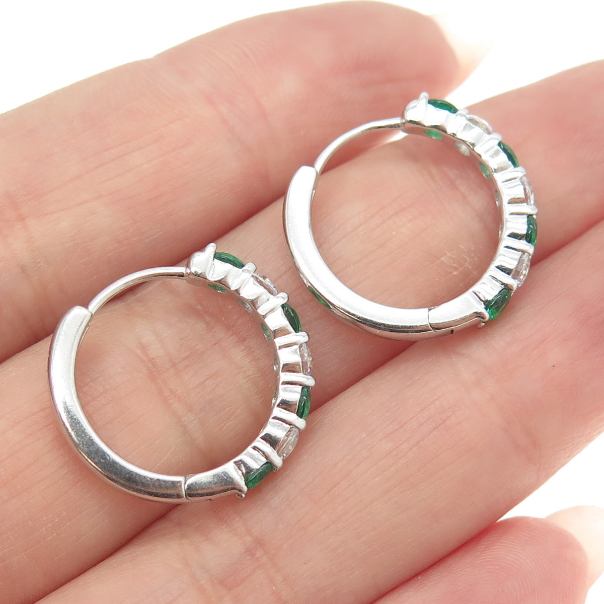 925 Sterling Silver Round-Cut Chrome Diopside & C Z Hoop Earrings