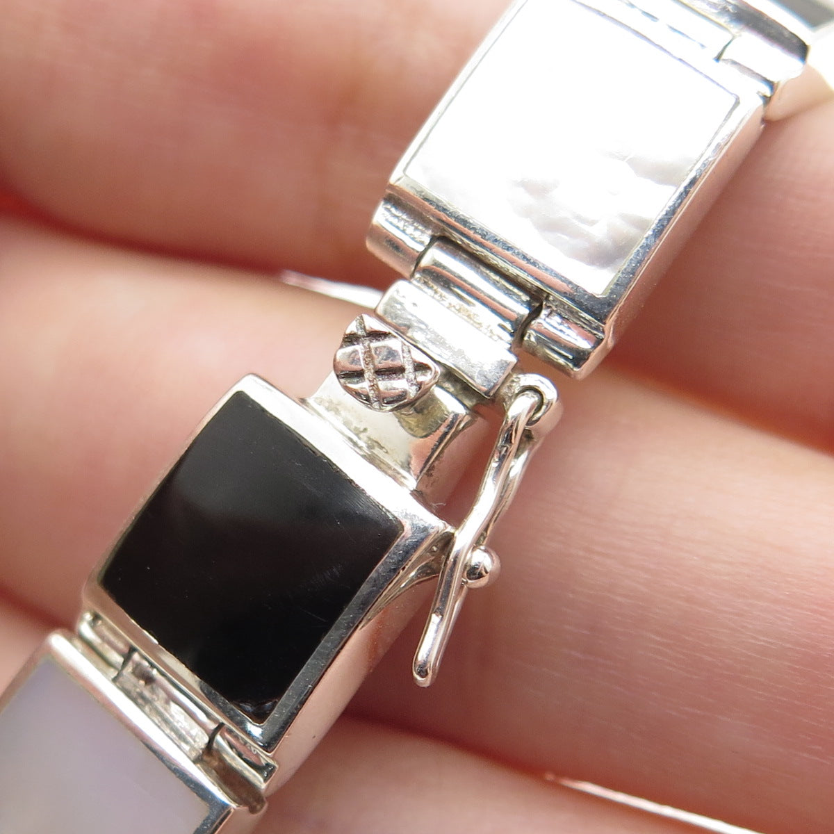 925 Sterling Silver Vintage Real Black Onyx & MOP Panel Link Bracelet 6.5"