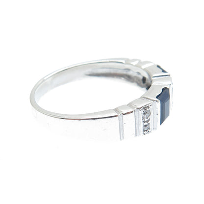 925 Sterling Silver Real Round-Cut White Topaz Emerald-Cut Sapphire Ring Size 8