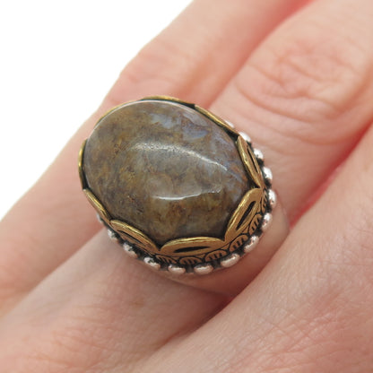 CAROLYN POLlACK 925 Sterling Silver 2-Tone Vintage Real Agate Ring Size 6.5
