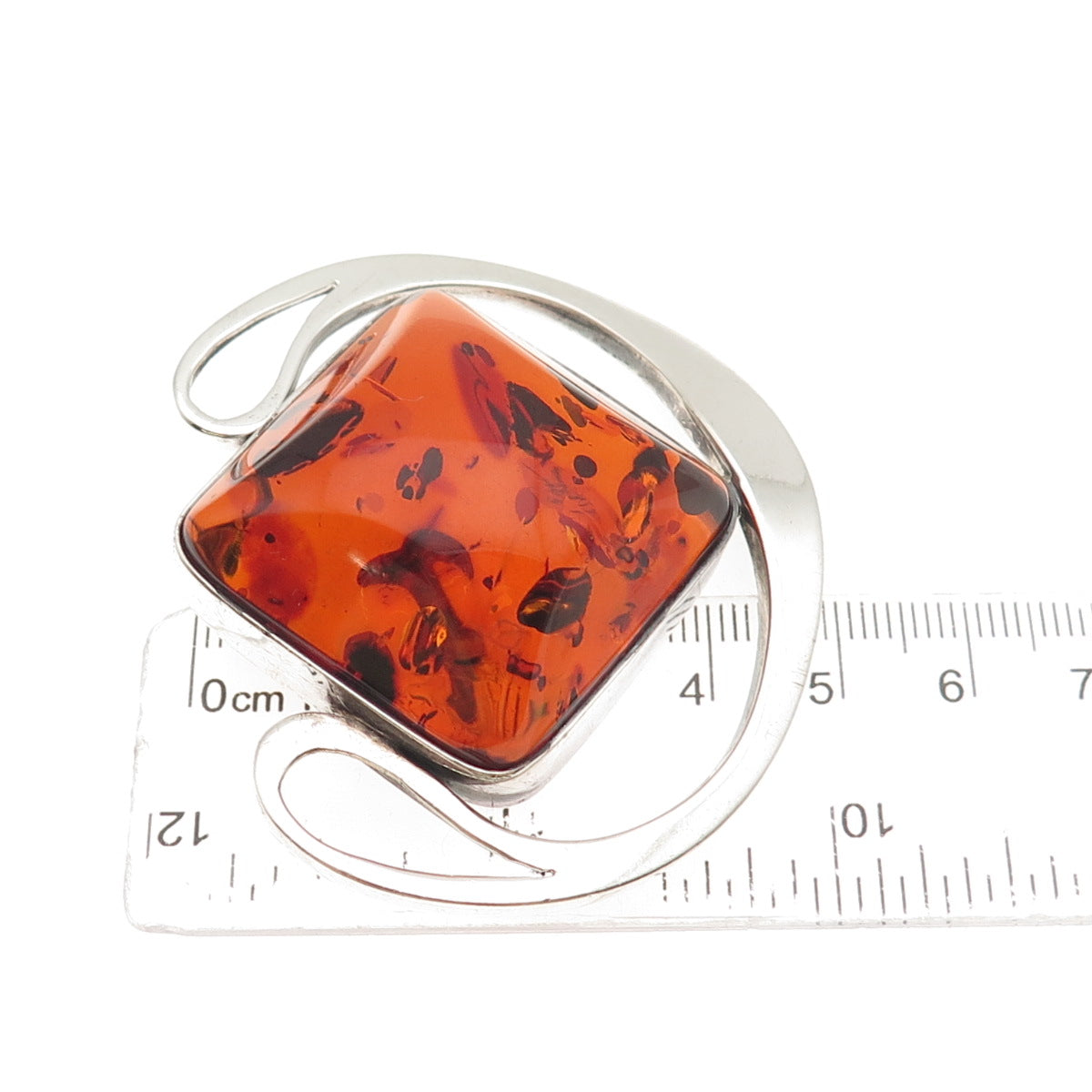925 Sterling Silver Vintage Real Amber Modernist Oxidized Large Pin Brooch