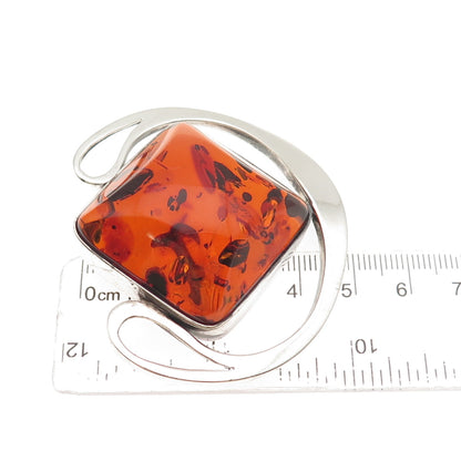 925 Sterling Silver Vintage Real Amber Modernist Oxidized Large Pin Brooch