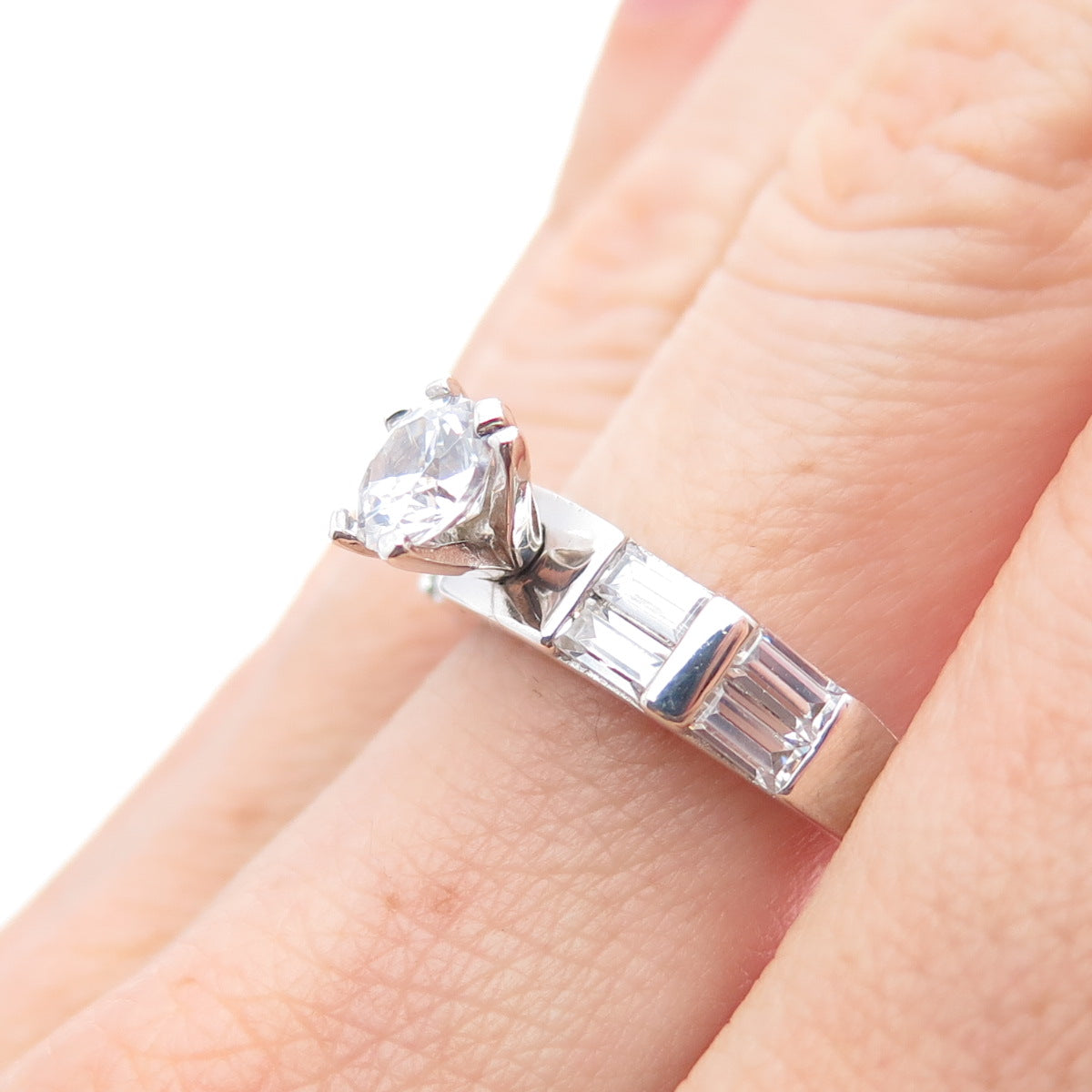 925 Sterling Silver Round & Emerald-Cut C Z Engagement Ring Size 7.25
