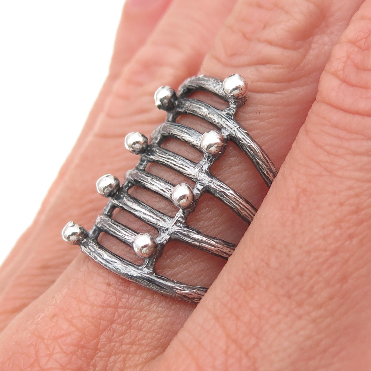 925 Sterling Silver Vintage Modernist 8-Row Oxidized Ring Size 7