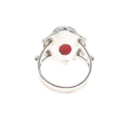 925 Sterling Silver Vintage Real Cabochon Rhodonite Modernist Ring Size 6