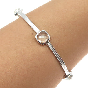 CHARLES GARNIER Sterling Silver Real Clear Quartz Station Bangle Bracelet 7.75"