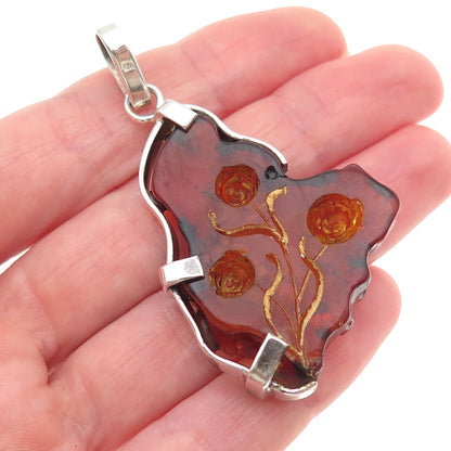 925 Sterling Silver Vintage Real Amber Carved Rose Flower Pendant