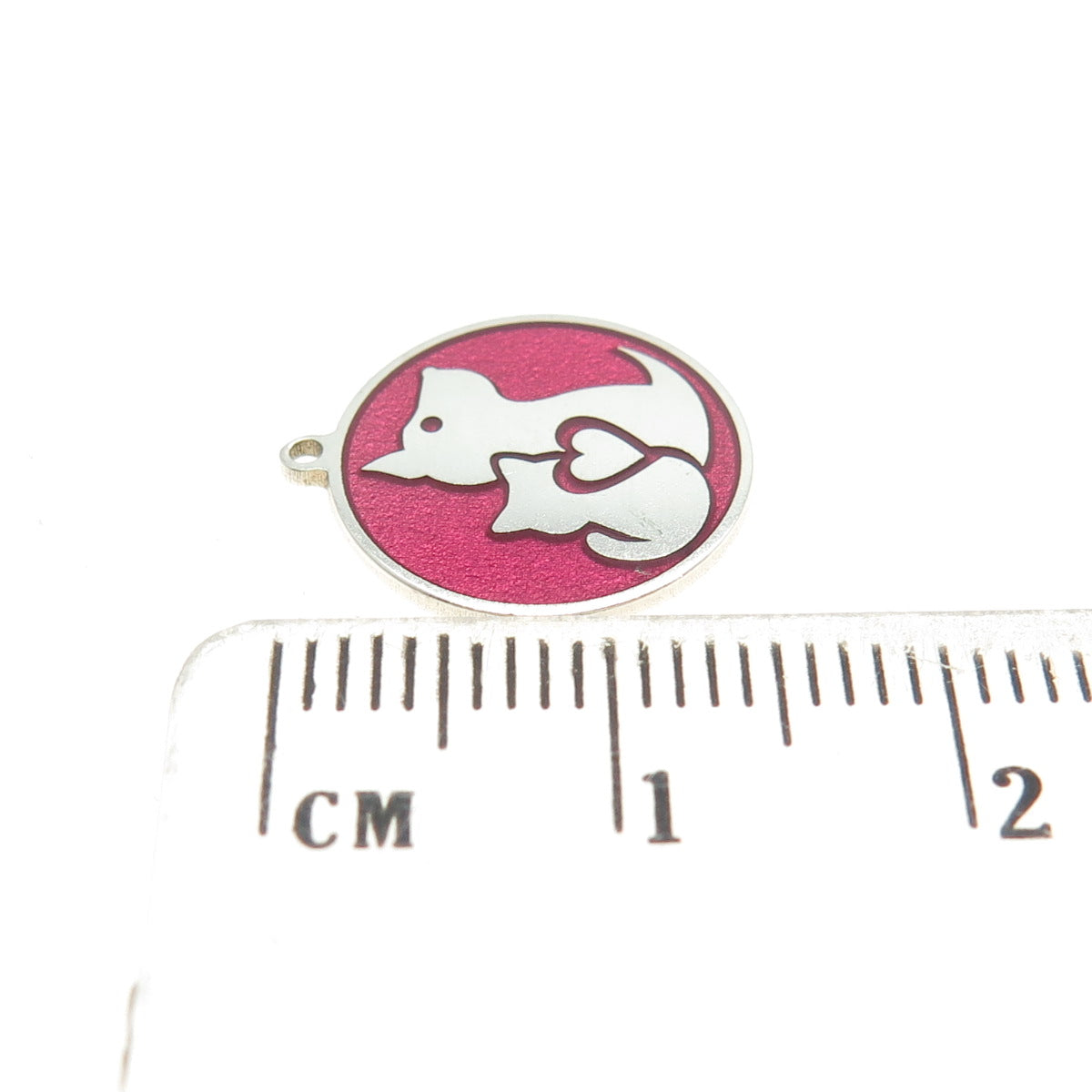 Tokemoti 925 Sterling Silver Pink Enamel Cat & Dog Round Tag Minimalist Pendant